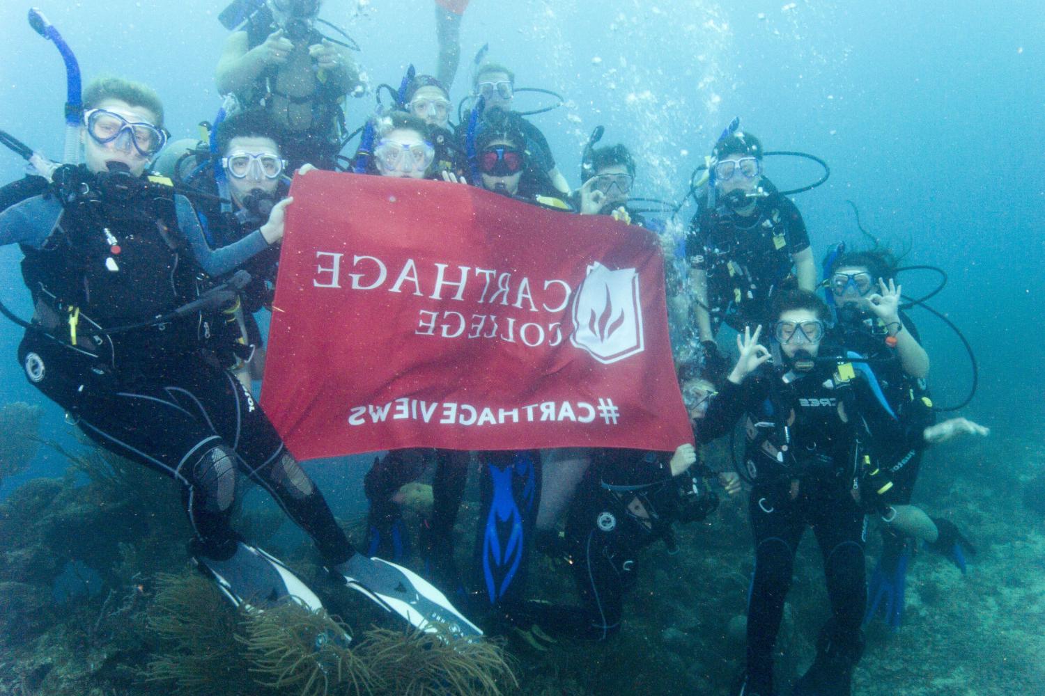 学生们手持<a href='http://xzhtmtk.88021x.com'>bv伟德ios下载</a>旗帜，在j学期洪都拉斯游学之旅中潜水.